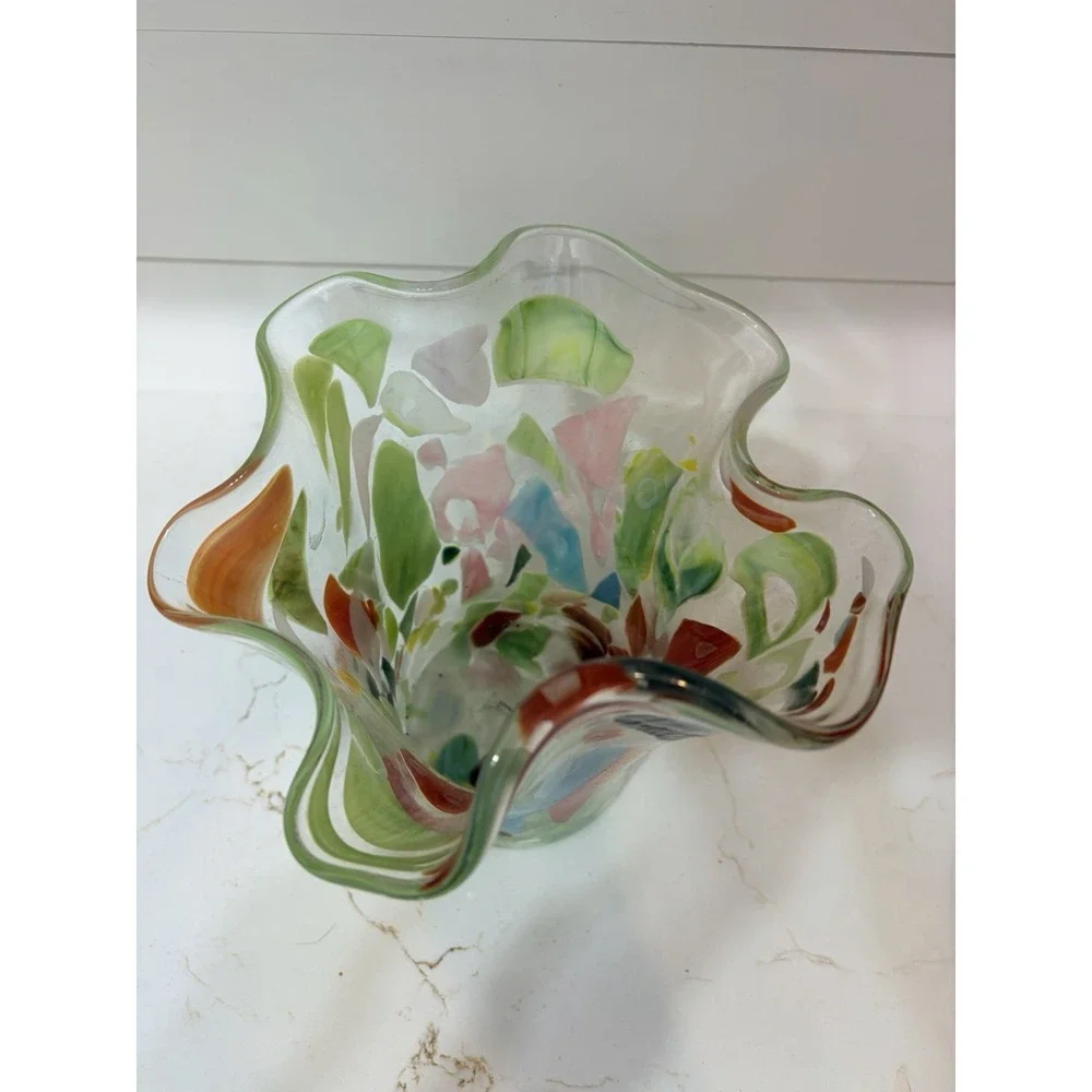 Vintage Multicolor White Swirl Ribbon Ruffle Edged Art Deco Glass Vase